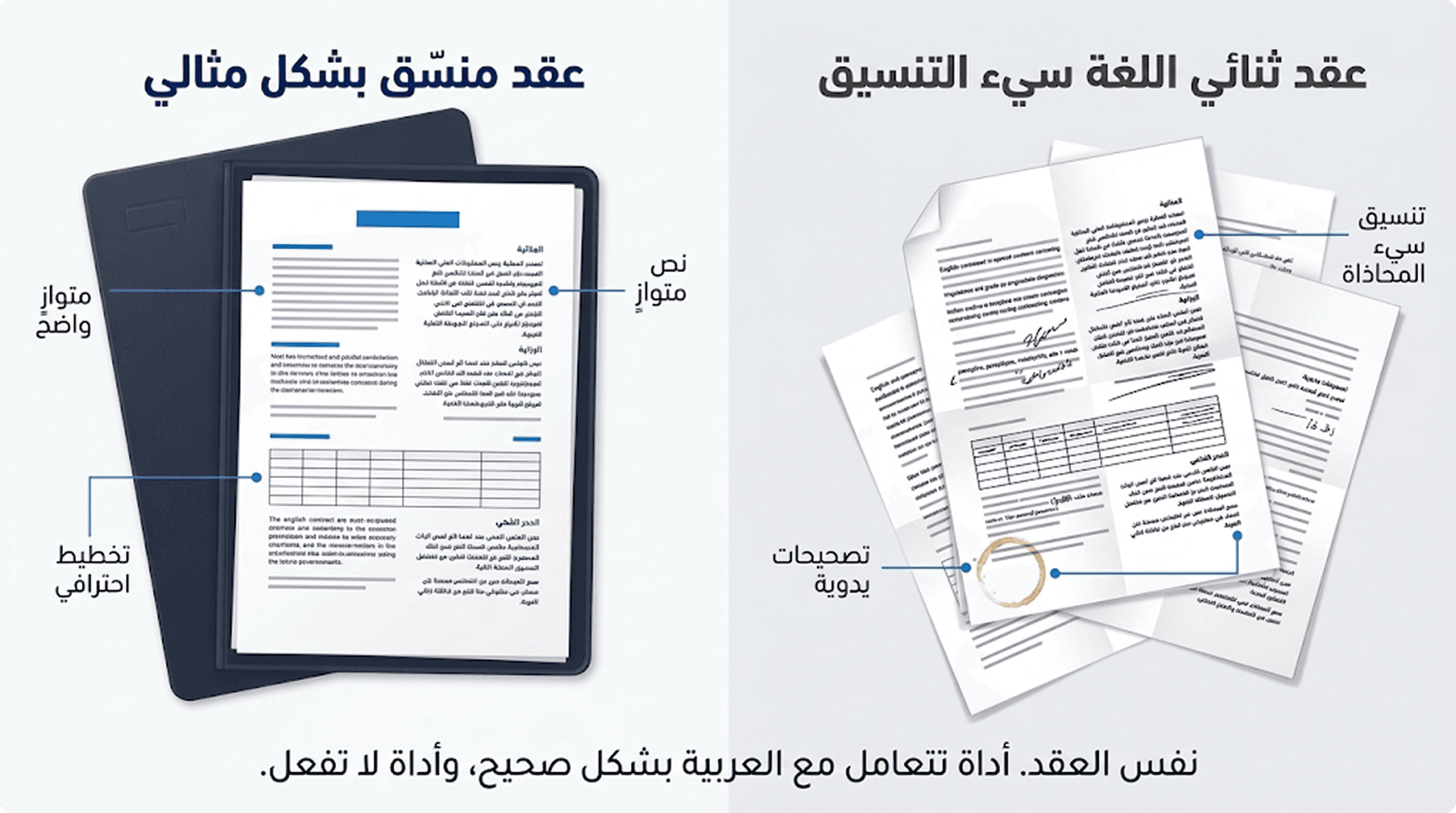 مقارنة جنباً إلى جنب بين عقد ثنائي اللغة معطوب بعربية مسيئة التنسيق وعقد ثنائي اللغة منسق بشكل صحيح