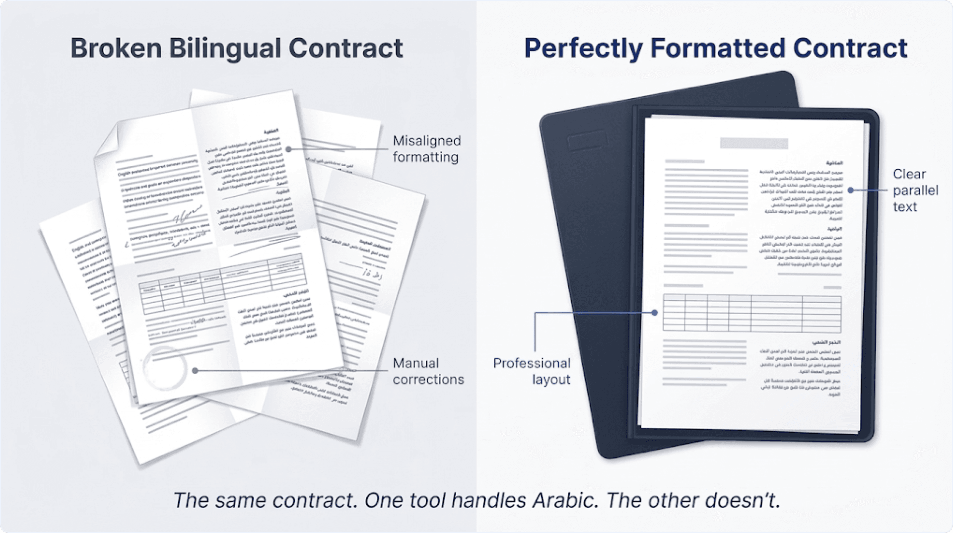 Side-by-side comparison of a broken bilingual contract with misaligned Arabic versus a correctly formatted bilingual contract