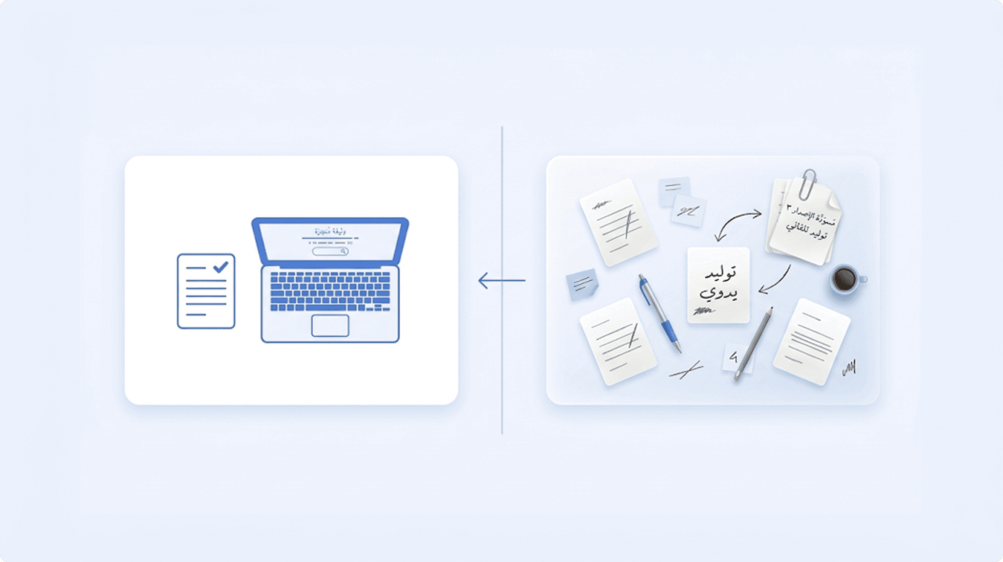 شاشة مقسمة تُظهر سير عمل المستندات اليدوي الفوضوي على اليسار مقابل التوليد النظيف بنقرة واحدة على اليمين